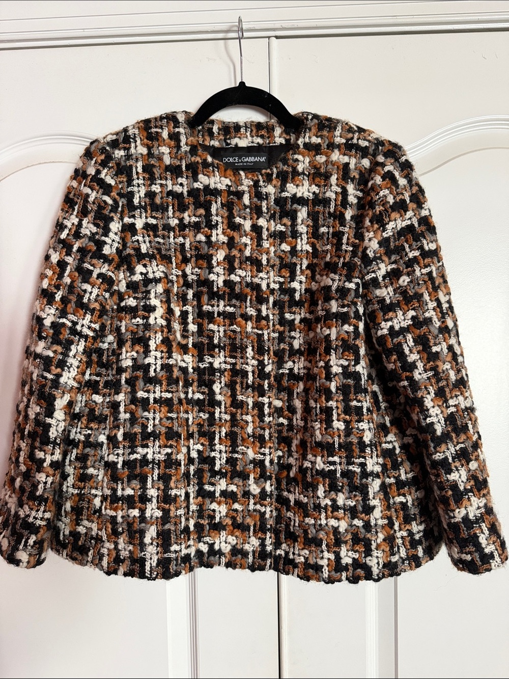 Dolce & Gabbana Brown Black White Tweed Blazer Jacket 42 , 3/4 sleeve .